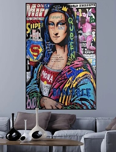  Graffiti-Kunst-Ölgemälde, handgefertigt, Dame auf Leinwand mit Peace-Schriftzug, handgemalte Graffiti-Kunst, Street-Art-Malerei, Wandkunst, Ölgemälde, handgefertigt, berühmtes Ölgemälde