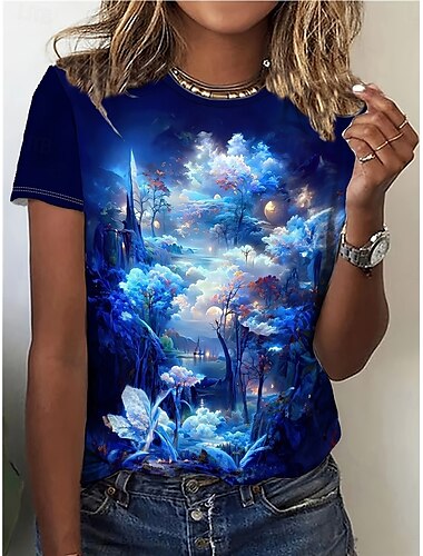  Damen T-Shirt Casual Print Kurzarm Normal Oberteile Alltag Blau Sommer