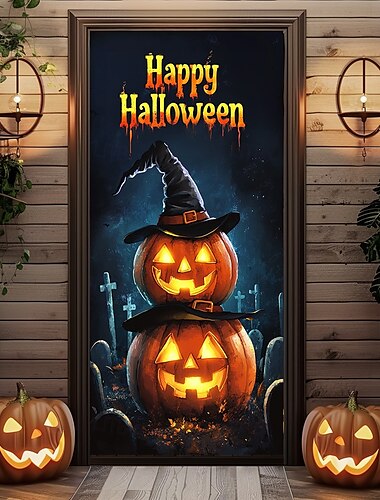  Halloween Türdekorationen Halloween Türabdeckungen Jack O Laterne Kürbis Schloss Tür Gobelin Türvorhang Dekoration Hintergrund Türbanner für Haustür Bauernhaus Urlaub Party Dekor Zubehör