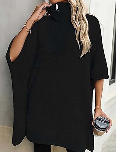  Damen Pullover Brautkleider schlicht Feste Farbe Troyer Halber Reißverschluss Zip Halbe Ärmel Lange Oberteile Stricken Täglich Schwarz Beige Herbst Winter