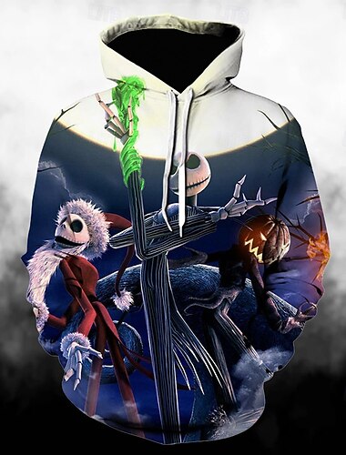  Halloween Ausfall Jack Skellington Schädel/Skelett Kapuzenshirt Pullover Lustiger Weihnachts-Kapuzenpullover Bedruckt 3D Vordertasche Grafik Für Paar Herren Damen Erwachsene Halloween Karneval