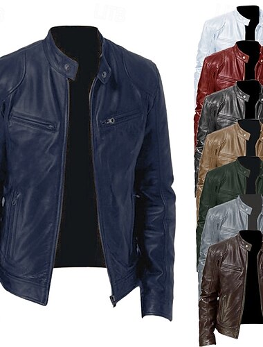 Voor heren Jas van imitatieleer Overgangsjack Bikerjack Rood leren jack Vakantie Dagelijks Winddicht Houd Warm Zak Herfst winter Effen Modieus Klassiek Opstaand Normaal Imitatieleer Zilver Zwart Wit