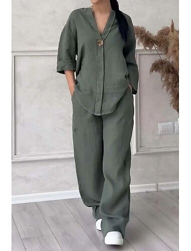  Damen-Sets in reiner Farbe, lässig, bequem, für den Alltag, atmungsaktives Hemd, Hose, Sommer, Frühling, Home-Outfits