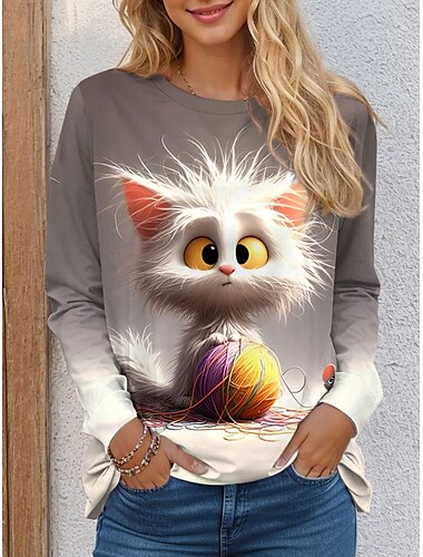  t-shirt femme décontracté imprimé manches longues hauts réguliers col rond quotidien gris printemps automne