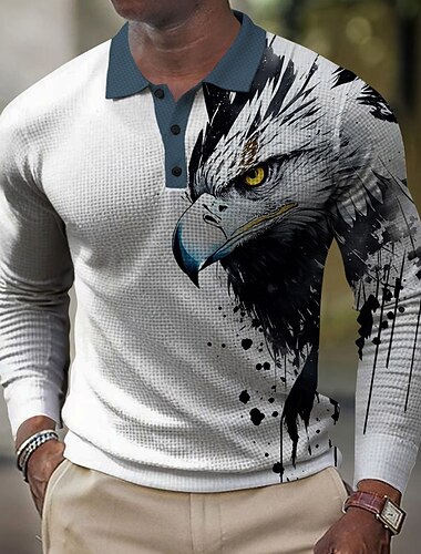 Herr Örn Våffelpikétröjor Golftröja Långärmad Polotröjor Skjortor med krage Ledigt Rolig Streetwear Semesterkläder Festkläder Knappar 3D-utskrift Vår Höst vinter Vit