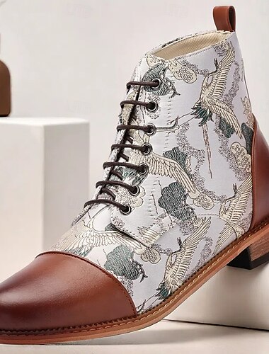  Botas con cordones y estampado de grullas vintage para hombre: botines de piel sintética y tejido jacquard con estilo retro para uso informal