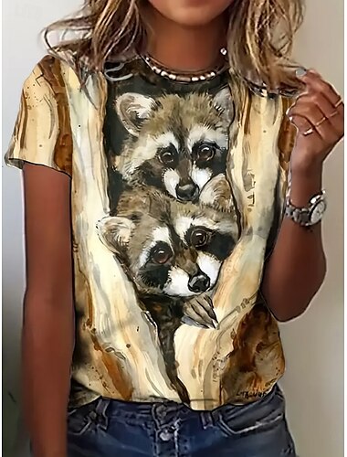  Women's T Shirt Casual Print Short Sleeve Regular Tops Daily Light Brown Summer Little Raccoon