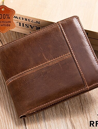  Portefeuille à deux volets en cuir véritable marron vintage pour homme avec blocage RFID et plusieurs emplacements pour cartes - design fin classique