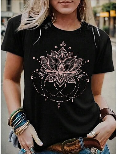  Damen T Shirt Blumen Brautkleider schlicht Kurzarm Rundhalsausschnitt Normale Oberteile Täglich Bedruckt Schwarz Sommer