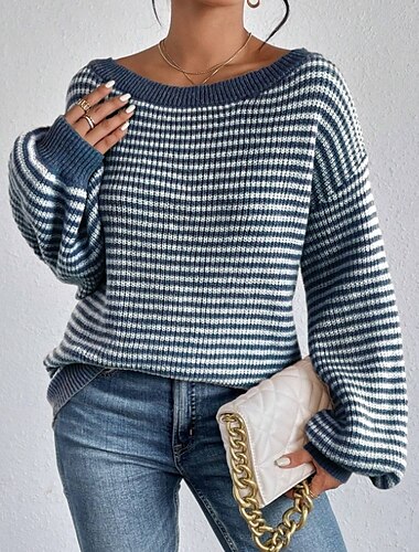  Mujer Pulóveres Elegante Graphic Fornido Un Hombro Escote Barco Hombros Caídos A rayas Manga Larga Tops largos Tejer Trabajo Diario Azul Marino Otoño Invierno