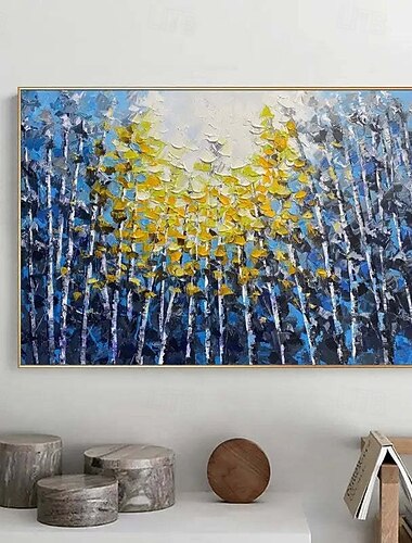  reines 100% handgemaltes Waldölgemälde handgemaltes blaues Wald nordisches abstraktes dekoratives Gemälde für Wohnzimmer Schlafzimmer Kunstwerk Veranda Leinwandkunst atmosphärisches Wandölgemälde
