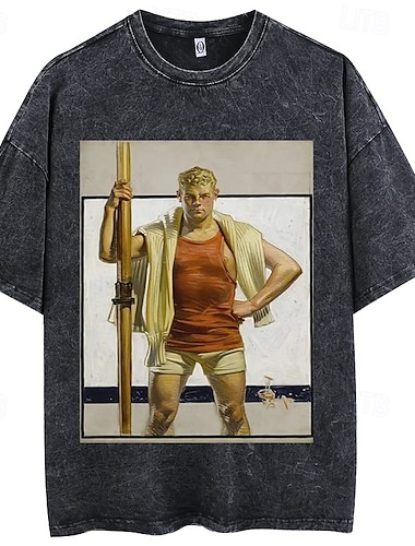  Vintage-Illustration T-Shirt-Ärmel Übergroßes Acid Washed T-Shirt Bedruckt Grafik Für Paar Herren Damen Erwachsene Säurewäsche Casual