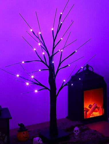  luci di betulla di halloween batteria e usb alimentate albero da tavolo per decorazione di halloween arredamento per interni casa viola luce calda arancione atmosfera del festival luce decorativa