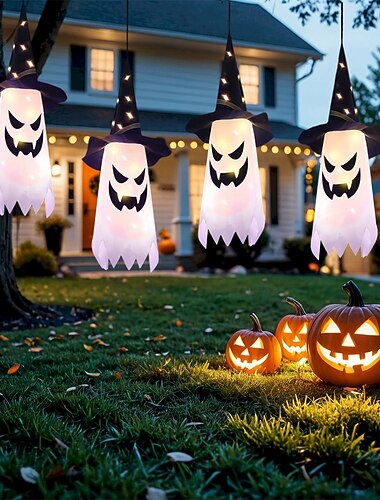  dekoracje na halloween wiszące oświetlone duchy zewnętrzne wewnętrzne lampki nocne led na patio drzewo ogród impreza halloweenowa wystrój domu 1/2/4/8 szt