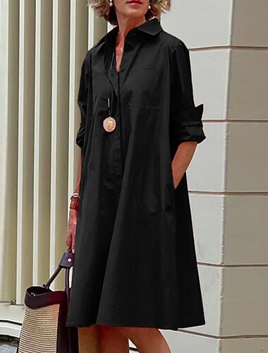  dames overhemdjurk casual jurk shiftjurk pure kleur knoopsluiting zak overhemdkraag midi-jurk casual dagelijks lange mouw zomer lente