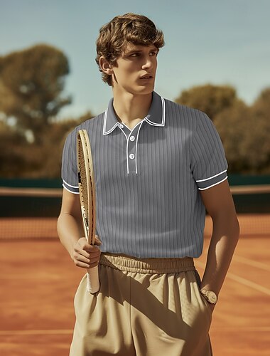  Men's Rib Knit Top Golf Shirt Casual Holiday Lapel Ribbed Polo Collar Short Sleeve Fashion Basic Plain Button Soft Summer Spring Fall Regular Fit Navy-blue Red Blue Gray Rib Knit Top