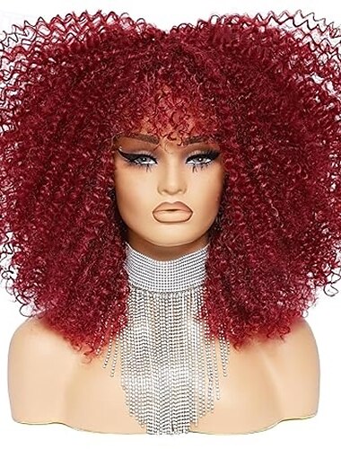  Lockige Perücke mit Pony, Afro-Lockenperücken für schwarze Frauen, Afro-Kinky-Perücke, Kunstfaser, klebefrei, voll und flauschig, lange Lockenperücke für modebewusste Frauen