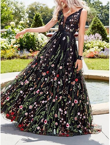  Robe de Mousseline Robe Évasée Robe Trapèze Femme Robe Maxi Dos Nu Brodée Soirée robe demoiselle d honneur Soirée Cocktail Elégant Vêtement de rue Col V Sans Manches Standard Noir S M L XL 2XL