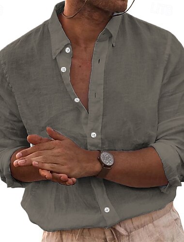  Herren leinenhemd Sommerhemd Strandbekleidung Knopfhemd Glatt Casual Täglich Weiß Himmelblau Beige Grau Langarm Umlegekragen Frühling & Herbst Bekleidung Tasche