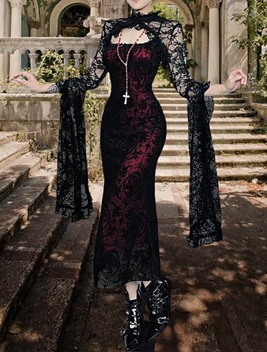  Retro Vintage Punk & Gothic Ausgestelltes Kleid Gothic Mädchen Morticia Addams Damen Fantasie Maskerade Party / Abend Erwachsene Kleid