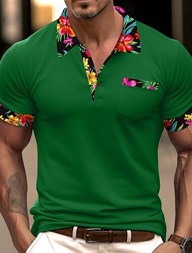  Men's Polo Shirt Golf Shirt Work Casual Lapel Classic Short Sleeve Basic Modern Floral Color Block Patchwork Button Spring & Summer Regular Fit Black White Orange Green Polo Shirt