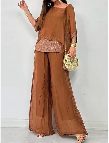  Damen Elegant Modisch Bluse Hosen Hose 3/4 Ärmel Rundhalsausschnitt Feste Farbe Pailletten Gitter Arbeit Täglich Schwarz Purpur Braun Sommer Lockere Passform