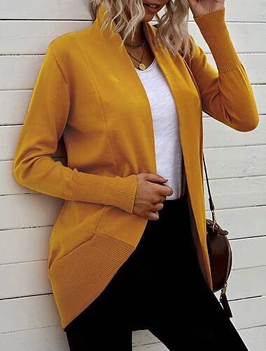  Dames Vest Modieus Werk Casual Effen Kleur Overhemdkraag Lapwerk Lange mouw Normale tops breien Formeel Werk Zwart Wit Herfst Winter