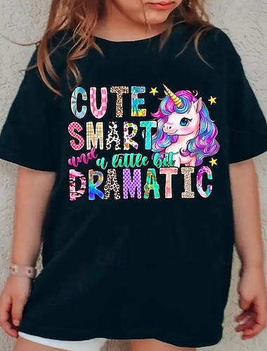  100% Algodão Infantil Para Meninas Preto Desenho Animado Unicórnio Letras Camisa Camiseta Gola Redonda Manga Curta Ao ar livre Diário Férias Clássico Casual Imprimir Verão