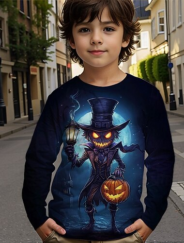  ハロウィーン 男の子 3D グラフィック カートゥン カボチャ Tシャツ Ｔシャツ 長袖 春 秋 ファッション ベーシック ポリエステル 子供 4〜12年 クルーネック アウトドア カジュアル 日常 レギュラー