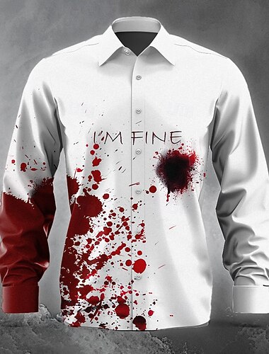  Macchie di sangue Orrore Per uomo Camicia con bottoni Manica lunga Da sera Autunno Inverno Primavera estate Colletto Stampa 3D Sottile Rosso Poliestere
