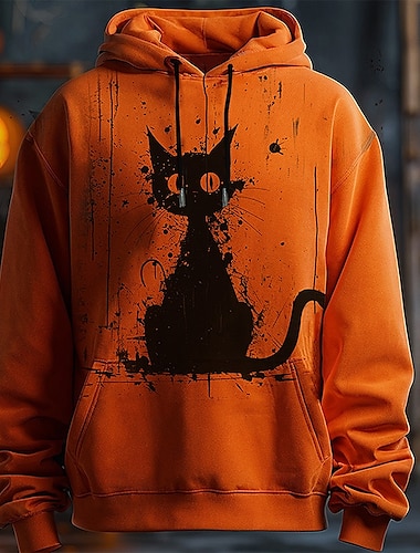  Katze Kürbis Herren Modisch 3D-Druck Hoodie Sweatshirt Kapuze Halloween Hoodies Orange Mit Kapuze Tasche 3D-Druck Herbst Winter Designer Kapuzenpullover