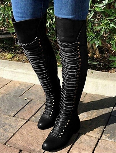 Botas negras con cordones por encima de la rodilla para mujer: elegantes botas altas de piel sintética con suela resistente para ocasiones al aire libre y de moda