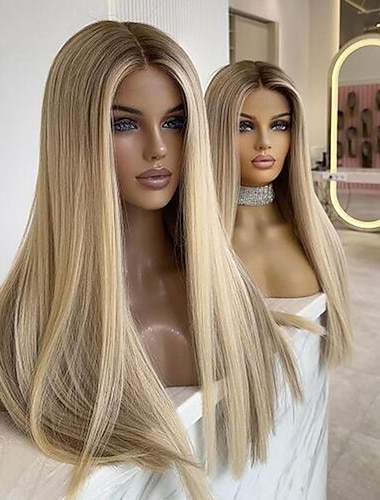  Cabelo humano remy 13x4 Lace Front Peruca Parte do meio Cabelo Brasileiro Liso Seda Multi Cores Peruca 130% 150% Densidade do Cabelo com o cabelo do bebê Cabelo com Luzes / Reflexos Riscas Naturais