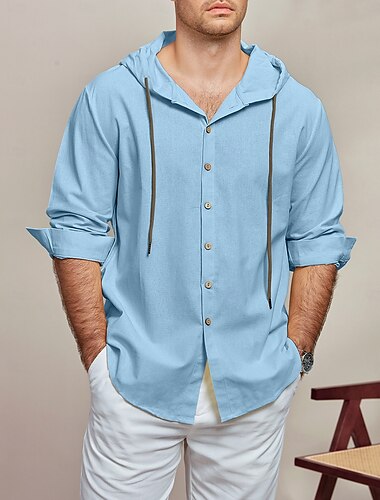  Herren Hemd Leinenhemd Strandbekleidung Knopfhemd Kapuzenhemd Einfach Urlaub Lässig Schwarz Weiß Blau Grün Langarm Mit Kapuze Frühling & Sommer Bekleidung Knöpfe