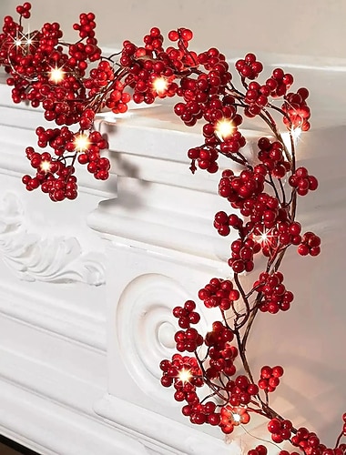  Guirlande lumineuse de Noël en forme de canne à fruits rouges, 1,9 m, 20 LED, alimentée par batterie, pour Noël, Nouvel An, fête, mariage, maison, jardin, balcon, décoration