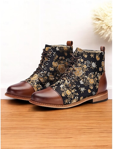  Botines con cordones y estampado floral para mujer: botas retro de piel sintética y tejido jacquard para uso informal en otoño e invierno