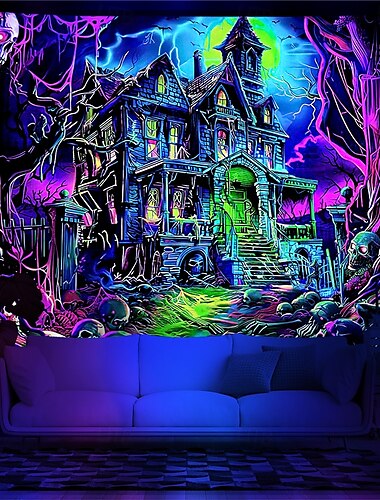  αποκριάτικες διακοσμήσεις ταπετσαρία blacklight uv αντιδραστική λάμψη στη σκοτεινή λάμψη πάρτι κρανία ψυχεδελικά trippy στοιχειωμένο σπίτι κρεμαστή ταπισερί τοίχου τοιχογραφία για κρεβατοκάμαρα