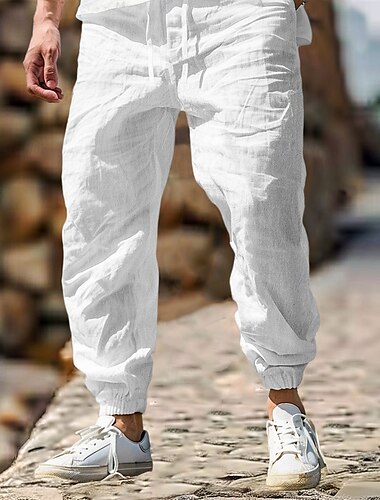  Hombre Pantalones de lino Pantalones Pantalones de verano Cintura elástica Pierna recta Alto aumento Color sólido Comodidad Transpirable Longitud total Exterior Hogar Casual Vacaciones Moda Verde