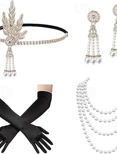  Vintage 1920er Der große Gatsby Flapper-Stirnband Zubehörset Halskette Ohrringe Charleston Hochzeitsgast Feder Mode Damen Maskerade Hochzeitsempfang Junggesellinnenabschiedsparty Festival Erwachsene