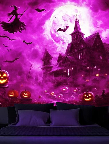  halloween dekorasjoner blacklight billedvev uv reaktiv glød i mørket glød fest hjemsøkt hus psykedelisk trippy tåkete hengende billedvev veggkunst veggmaleri for stue soverom heks gresskar