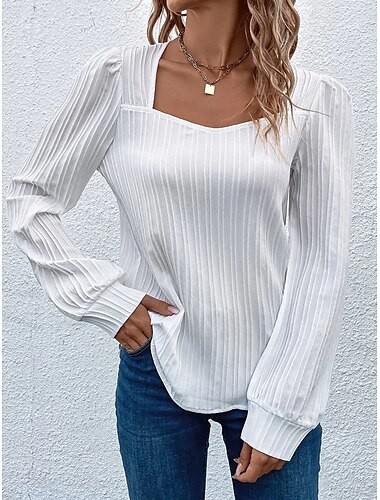  Damen Bluse Feste Farbe Rüschen Täglich Stilvoll Brautkleider schlicht Langarm Quadratischer Ausschnitt Weiß Frühling Herbst
