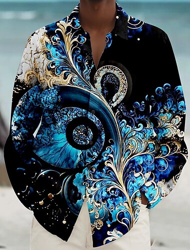  Men's Beach Shirt Button Up Shirt Long Sleeve Hawaiian Casual Vacation Daily Fall Winter Spring & Summer Collared Shirts 3D Print Black Blue Orange Light Blue