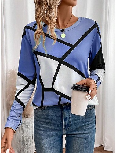  Damen T-Shirt lässig Farbblockdruck Langarm normale Oberteile Rundhalsausschnitt Alltag rosa marineblau blau lila Frühling Herbst