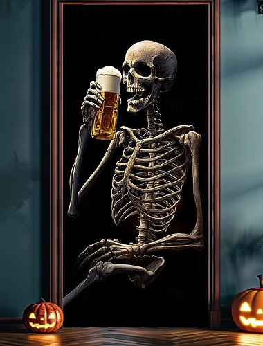  Halloween Türdekorationen Türabdeckungen Skelett Tür Wandteppich Bier Trinkende Türvorhang Dekoration Hintergrund Türbanner für Vordertür Bauernhaus Feiertagsfeier Innen- und Außendekorationsbedarf