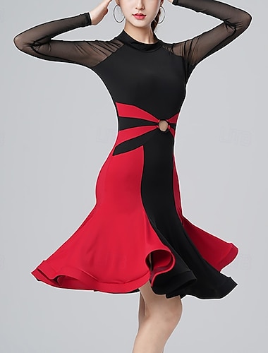 Latinamerikansk dans Klänning Ren Färg Tvinning Tyll Dam Prestanda Träning Långärmad Hög Polyester