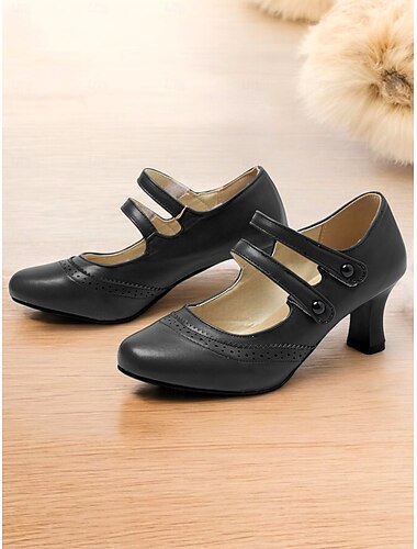  Braune Mary-Jane-Pumps für Damen im Vintage-Stil mit Brogue-Details, bequeme Schuhe mit mittlerem Absatz für Outfits im Retro-Stil