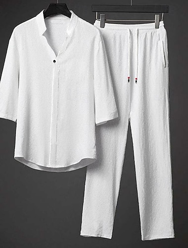  Hombre Camisa con cuello mao 2 Piezas Conjunto de camisa conjunto de verano Conjuntos a juego Ropa de playa Negro Blanco Gris Media Manga Color sólido Cuello Exterior Calle Correa Ropa Poliéster