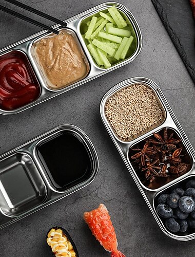  2/4 piezas de cuencos para salsa de soja de acero inoxidable, 3 rejillas, platos para salsa divididos, guarniciones para salsa de soja, ketchup, condimento para sushi (3 rejillas)