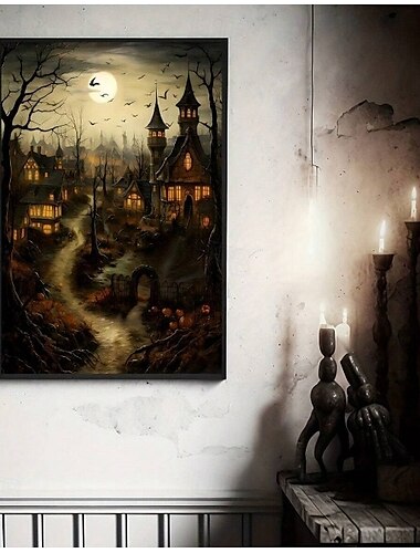  1buc vechi sat cu dovleci castel peisaj halloween rural imprimare fermă întuneric academie cabana decor poster vintage pictură gotică pe pânză halloween gotic deocr fără cadru