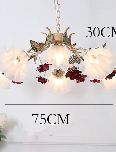  Lámpara colgante LED de 4/6/9 luces, estilo pastoral romántico, cubierta de vidrio, diseño de flor blanca y flor roja, diseño Sputnik, E27, para sala de estar y dormitorio, 110-240 V